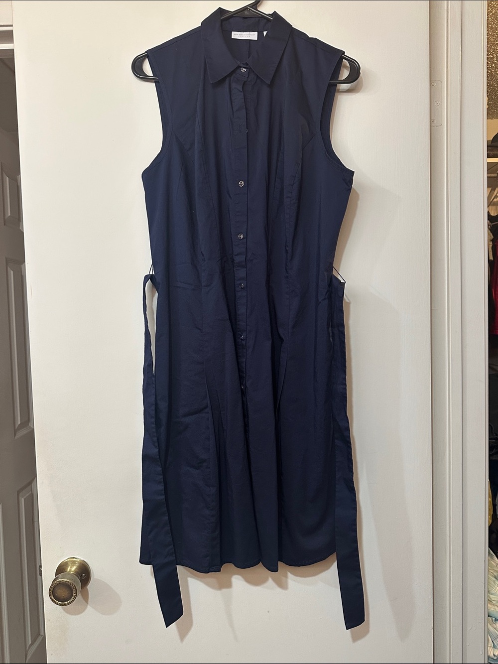 New York & Company Navy Sleeveless Button-Front Shirt Dress with Side Ties